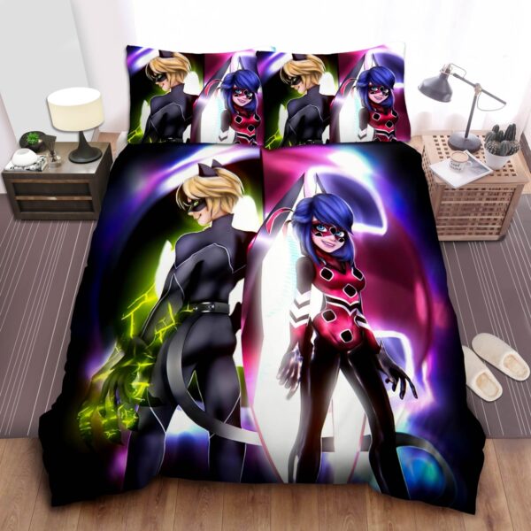 Cat Noir Lady Bug Side By Side Bed Sheets Spread Comforter Duvet Cover Bedding Set