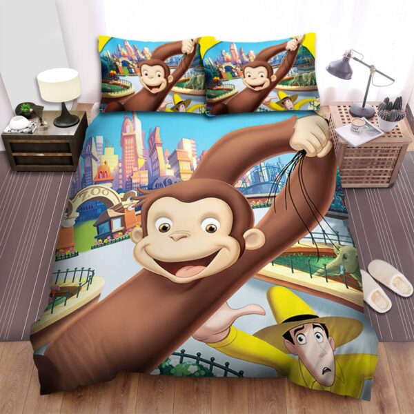 Curious George Flying Up To The Sky Bed Sheets Spread Duvet Cover Bedding Set