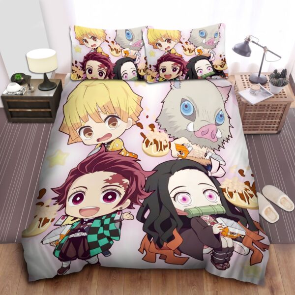 Demon Slayer Team Tanjiro In Adorable Chibi Art Style Bed Sheets Spread Duvet Cover Bedding Set