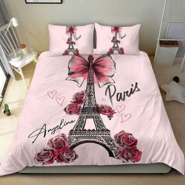 Eiffel Tower Paris Pink Rose Personalized Custom Name Duvet Cover Bedding Set