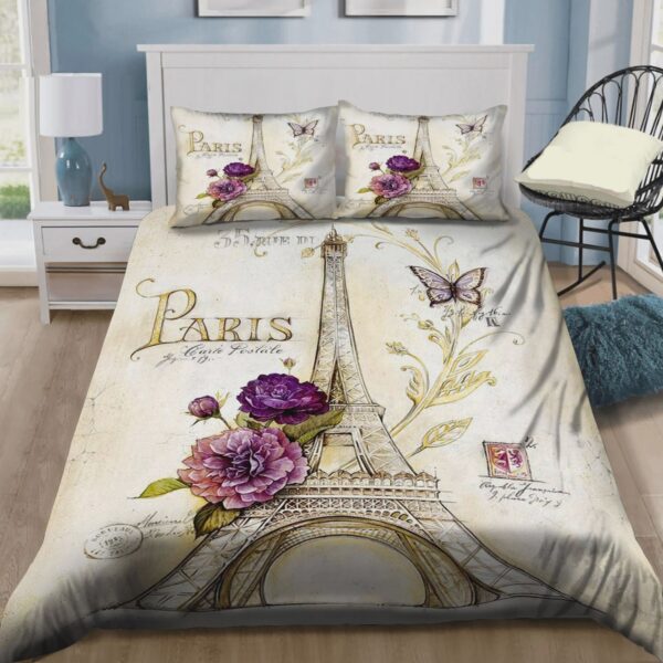 Eiffel Tower With Flower In Paris Bed Sheets Spread Duvet Cover Bedding Set