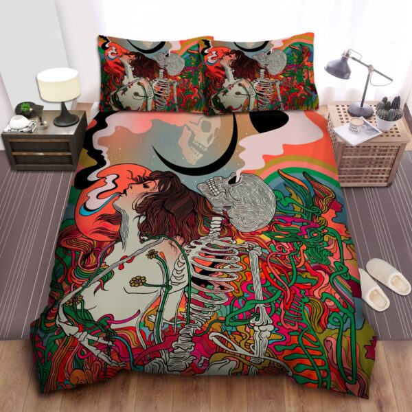 Hippie Girl And Skeleton Smoking Weed Psychedelic Art Bed Sheets Spread Duvet Cover Bedding Set