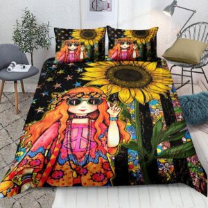 Hippie Girl And Sunflower American Flag Bed Sheets Spread Comforter Duvet Cover Bedding Set