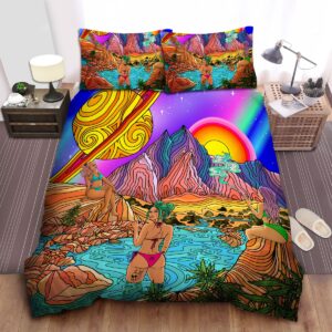 Hippie Girls Smoking Weed On Natural Stream Psychedelic Aesthetic Art Bed Sheets Spread Duvet Cover Bedding Set