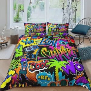 Hippie Graffiti Theme Wall Urban Street Art Bed Sheets Spread Duvet Cover Bedding Set