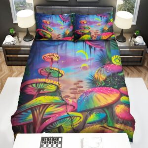 Hippie Mushroom Colourful Art Bed Sheets Spread Duvet Cover Bedding Set