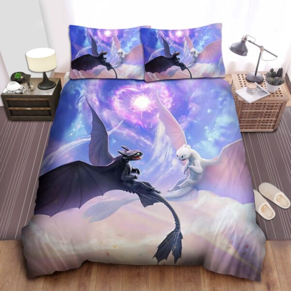 How To Train Your Dragon Toothless And Light Fury Flying Together Bed Sheets Spread Duvet Cover Bedding Set