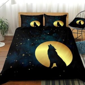 Howling Wolf In Golden Moon Stars Bed Sheets Spread Duvet Cover Bedding Set