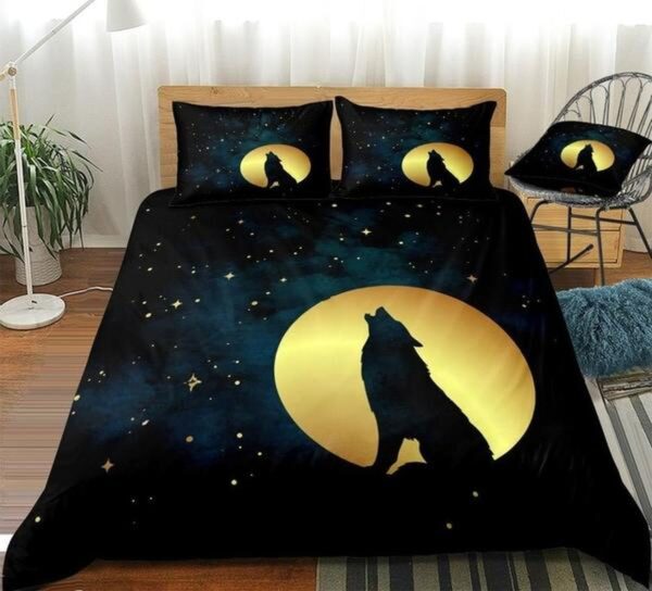 Howling Wolf In Golden Moon Stars Bed Sheets Spread Duvet Cover Bedding Set
