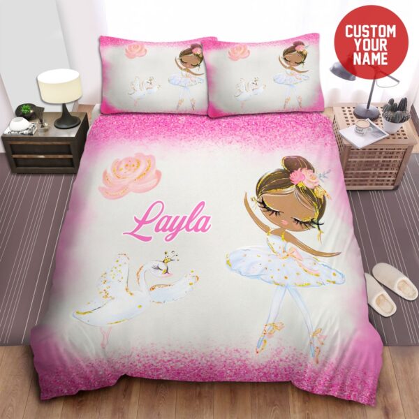 Little Melanin Queen Black Girl Magic Black Ballerina Dancing With The White Swan Custom Name Duvet Cover Bedding Set