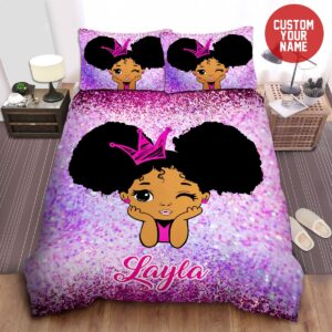 Little Melanin Queen Black Girl Magic Duvet Cover Bedding Set Princess Wink Custom Name Duvet Cover Bedding Set