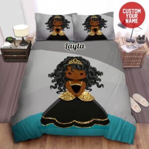 Little Melanin Queen Black Girl Magic Gold Glitter Princess Custom Name Duvet Cover Bedding Set