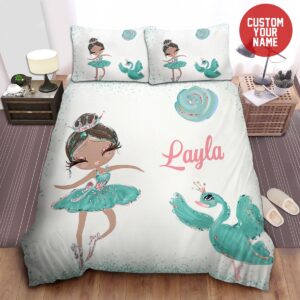 Little Melanin Queen Black Girl Magic Green Dress Black Ballerina Dancing With The Green Swan Custom Name Duvet Cover Bedding Set