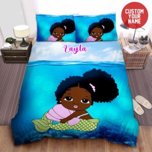 Little Melanin Queen Black Girl Magic Little Black Mermaid Princess With Puff Custom Name Duvet Cover Bedding Set