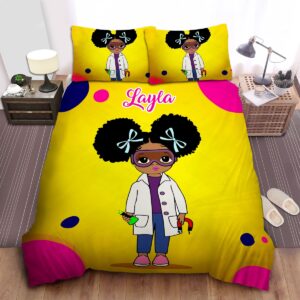 Little Melanin Queen Black Girl Magic Little Girl With Puff Afro Ponytails Science Like A Girl Custom Name Duvet Cover Bedding Set