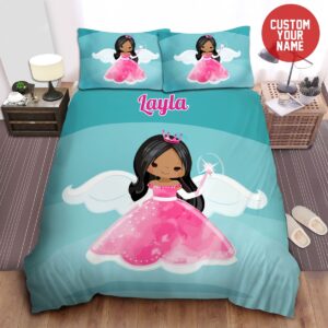 Little Melanin Queen Black Girl Magic Pink Fairy Princess Custom Name Duvet Cover Bedding Set