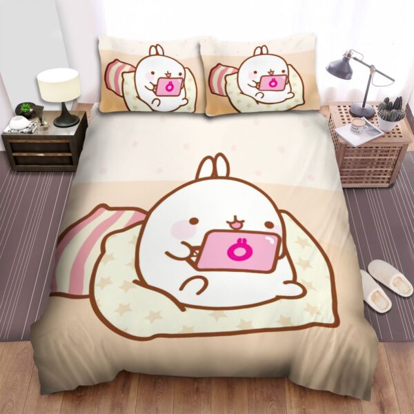 Molang Using Laptop Bed Sheets Spread Duvet Cover Bedding Set