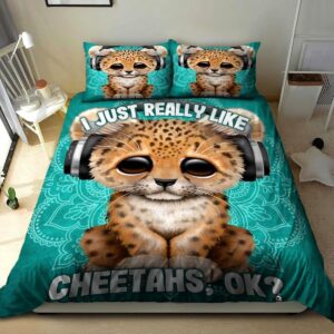 Music Listening Cheetah Lover Bed Sheets Spread Duvet Cover Bedding Set