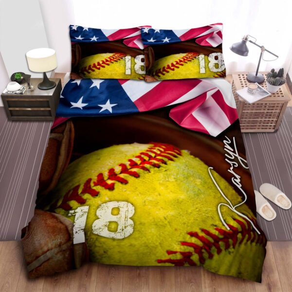Personalized Softball American Flag Bed Sheets Spread Duvet Cover Bedding Set Perfect Gifts For Softball Lover