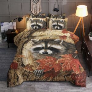 Raccoon Atumn Leaves Bed Sheets Spread Comforter Duvet Cover Bedding Set Perfect Gifts For Raccoon Lover Gifts For Birthday Christmas Thanksgiving