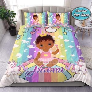 Rainbow Black Baby With Unicorn African Personalized Custom Name Duvet Cover Bedding Set