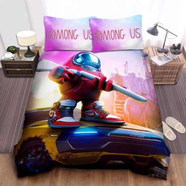Red Among Us Standing On A Car And Holding Gun Bed Sheets Spread Duvet Cover Bedding Set