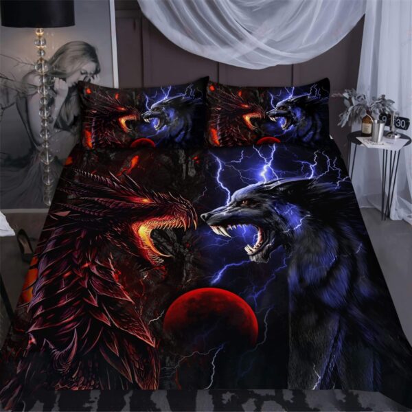 Red And Blue Dragon And Wolf Bed Sheets Spread Duvet Cover Bedding Set 1