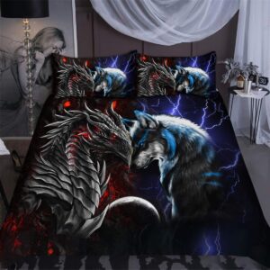 Red And Blue Dragon And Wolf Fantasy Bed Sheets Spread Duvet Cover Bedding Set