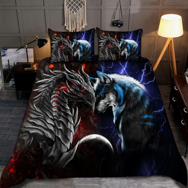 Red And Blue Dragon Wolf Bedding Set Duvet Cover Pillowcases
