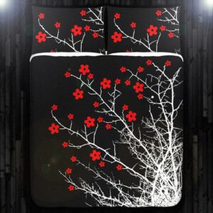 Red Cherry Blossom Bed Sheets Spread Duvet Cover Bedding Set