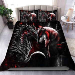 Red Dragon And Wolf Bedding Set Duvet Cover Pillowcases
