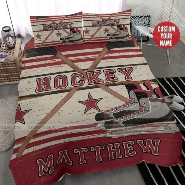 Red Hockey Symbol Custom Duvet Cover Bedding Set With Your Name