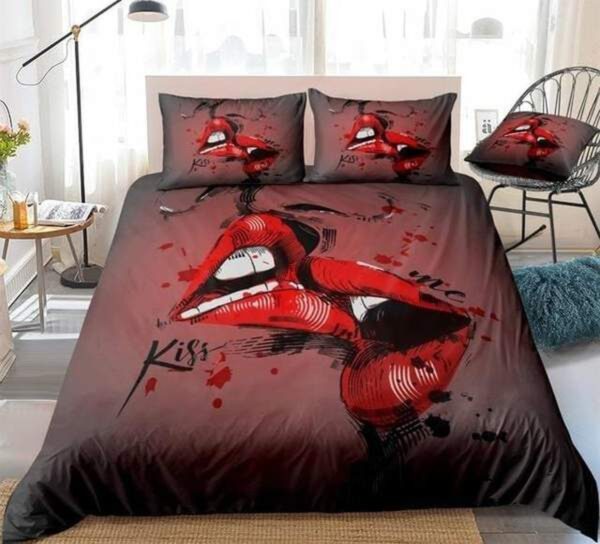 Red Kissing Lips Pattern Bed Sheets Spread Duvet Cover Bedding Set