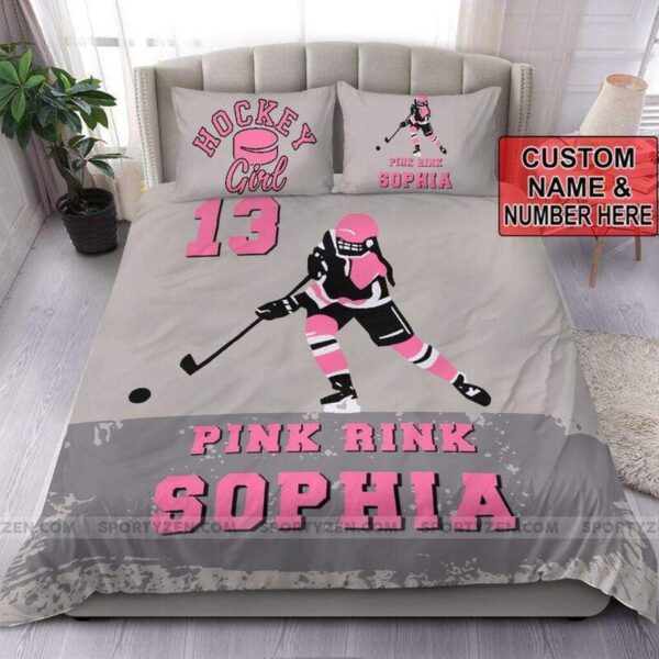Rink Pink Hockey Girl Custom Duvet Cover Bedding Set With Your Name