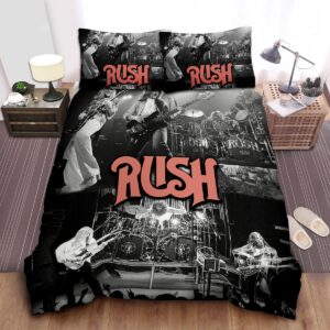 Rush Performing On Stage In Black White Photo Bed Sheet Spread Duvet Cover Bedding Set