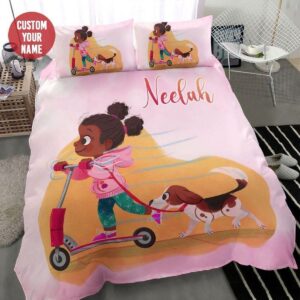 Scooter Black Girl With Lovely Kid Custom Name Duvet Cover Bedding Set