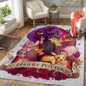 Cute Harry Potter Chibi And Pikachu Carpet Living Room Floor Decor Gift For Potters Fan Rug