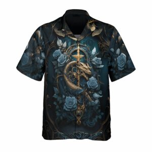 Dark Blue Gothic Dragon Skull Rose Hawaiian Shirt 2