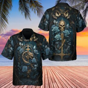 Dark Blue Gothic Dragon Skull Rose Hawaiian Shirt 4