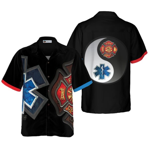Firefighter And Paramedic Yin And Yang Firefighter Hawaiian Shirt Red Fire Dept Logo And Blue Star Of Life Firefighter Shirt For Men 1