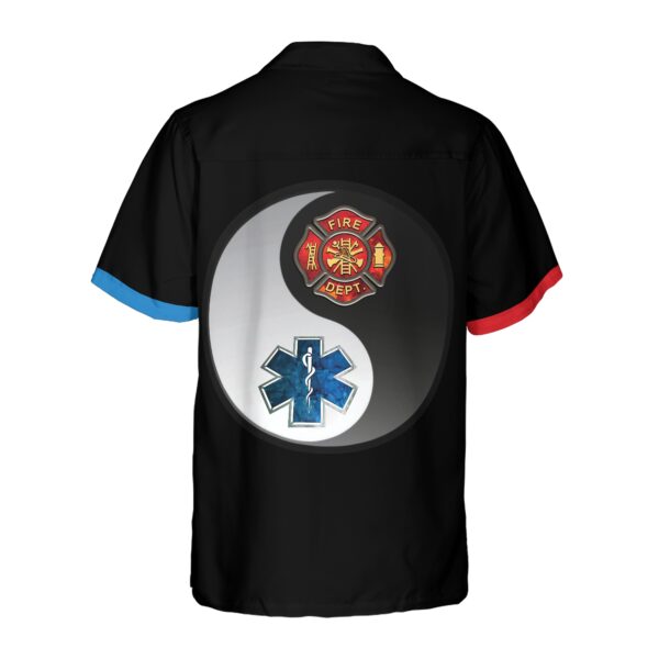 Firefighter And Paramedic Yin And Yang Firefighter Hawaiian Shirt Red Fire Dept Logo And Blue Star Of Life Firefighter Shirt For Men 2