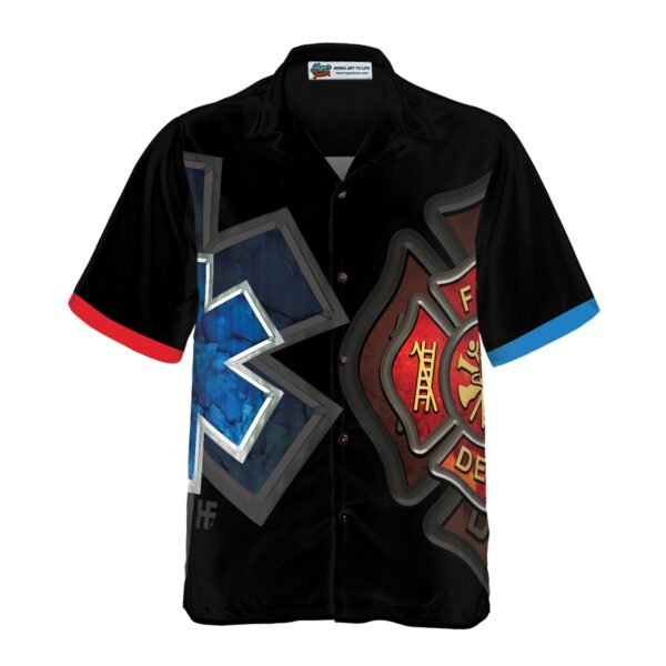 Firefighter And Paramedic Yin And Yang Firefighter Hawaiian Shirt Red Fire Dept Logo And Blue Star Of Life Firefighter Shirt For Men 3