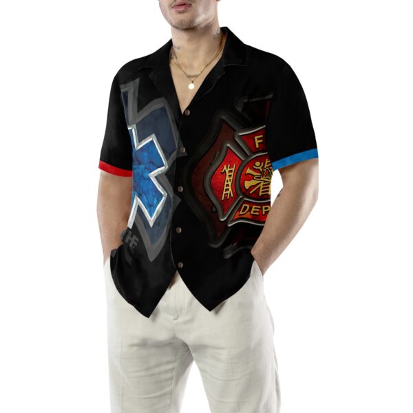 Firefighter And Paramedic Yin And Yang Firefighter Hawaiian Shirt Red Fire Dept Logo And Blue Star Of Life Firefighter Shirt For Men 5