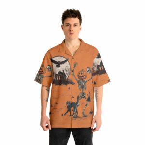 Funny Retro Pumpkins Skull Halloween Silhouette Orange Hawaiian Shirt 3