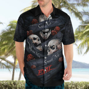 Skull Hawaiian Shirt No See Evil Red Rose Jean 4