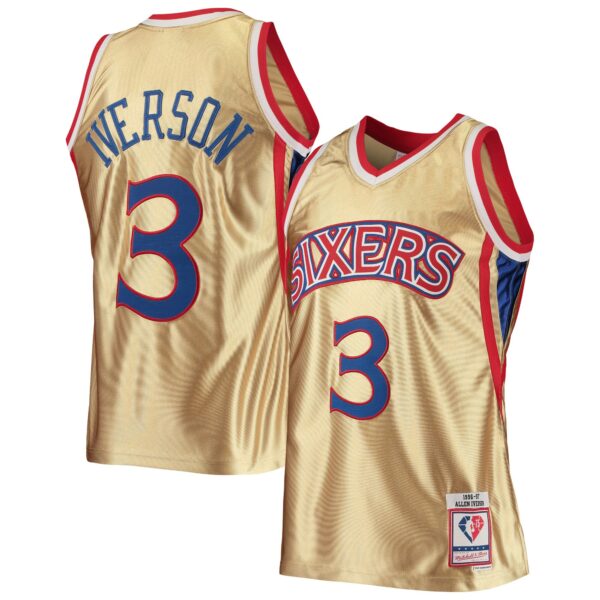 Allen Iverson Philadelphia 76ers Mitchell & Ness 75th Anniversary 1996/97 Hardwood Classics Swingman Jersey - Gold - Image 2