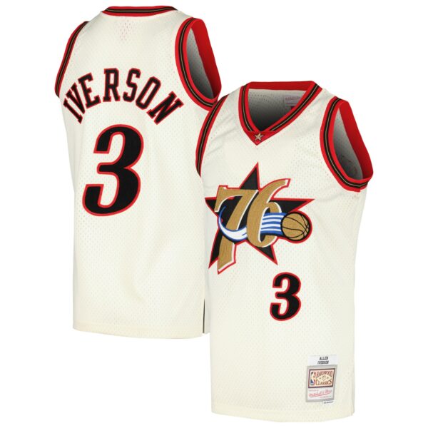 Allen Iverson Philadelphia 76ers Mitchell & Ness Chainstitch Swingman Jersey - Cream - Image 2