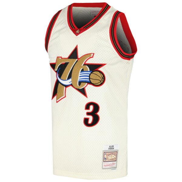 Allen Iverson Philadelphia 76ers Mitchell & Ness Chainstitch Swingman Jersey - Cream - Image 3