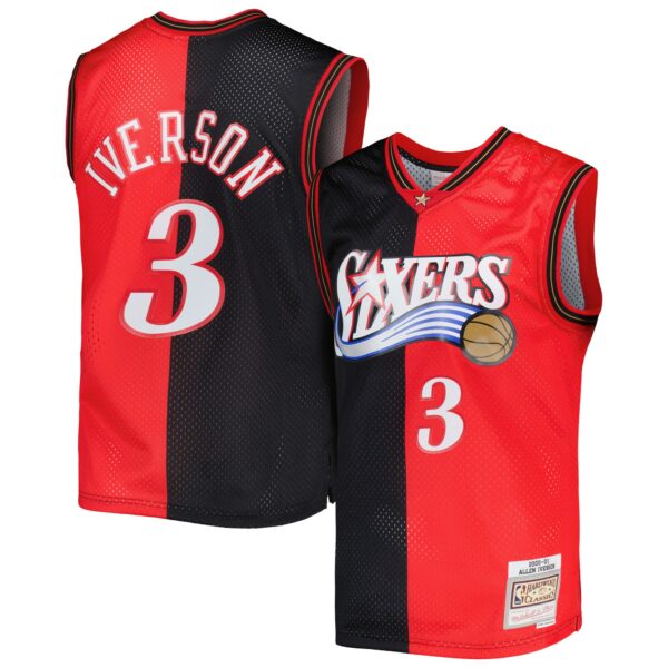 Allen Iverson Philadelphia 76ers Mitchell & Ness Hardwood Classics 2000/01 Split Swingman Jersey - Black/Red - Image 2