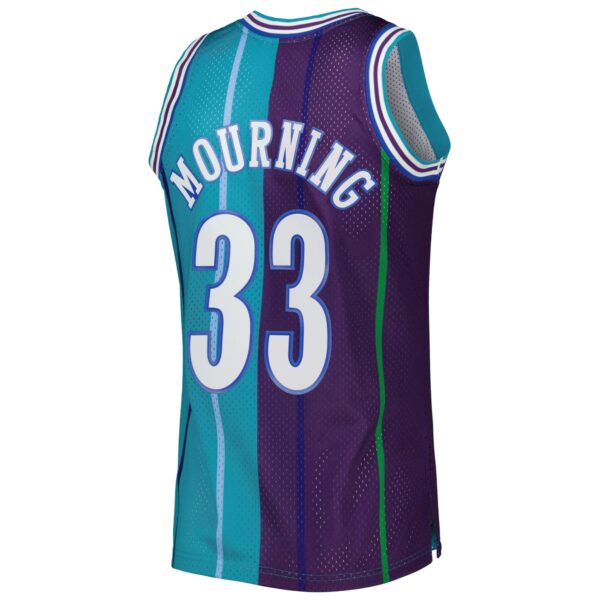 Alonzo Mourning Charlotte Hornets Mitchell & Ness Hardwood Classics 1992/93 Split Swingman Jersey - Teal/Purple - Image 4